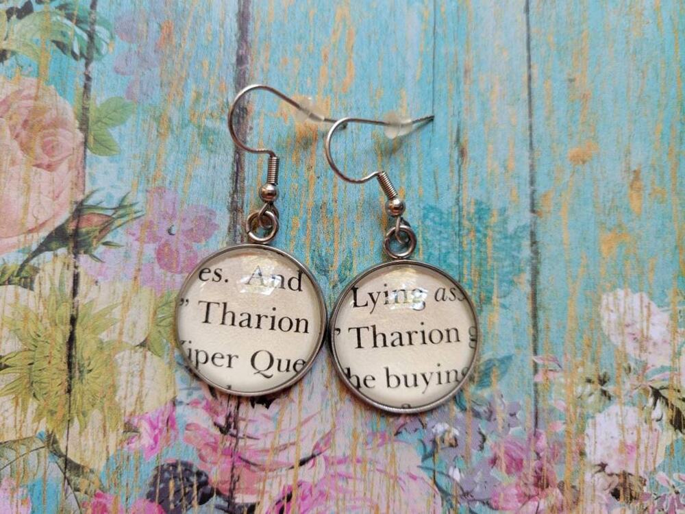 Tharion Ketos pendant earrings made with House of Earth and Blood book pages